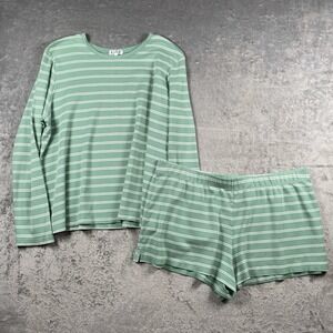 Lake Pajama Set Womens Sz XL Green Pima Crew Tee Long Sleeve Top Shorts Striped